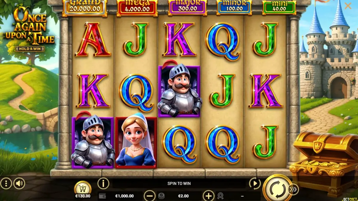 Pemandangan kastil fantasi dan naga dalam slot Once Again Upon A Time